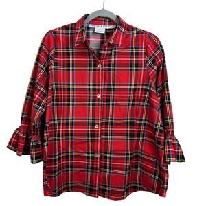 Gretchen Scott Plaid Ruffle Cuff 3/4 Sleeve Button Up Size XL Cotton Preppy EUC